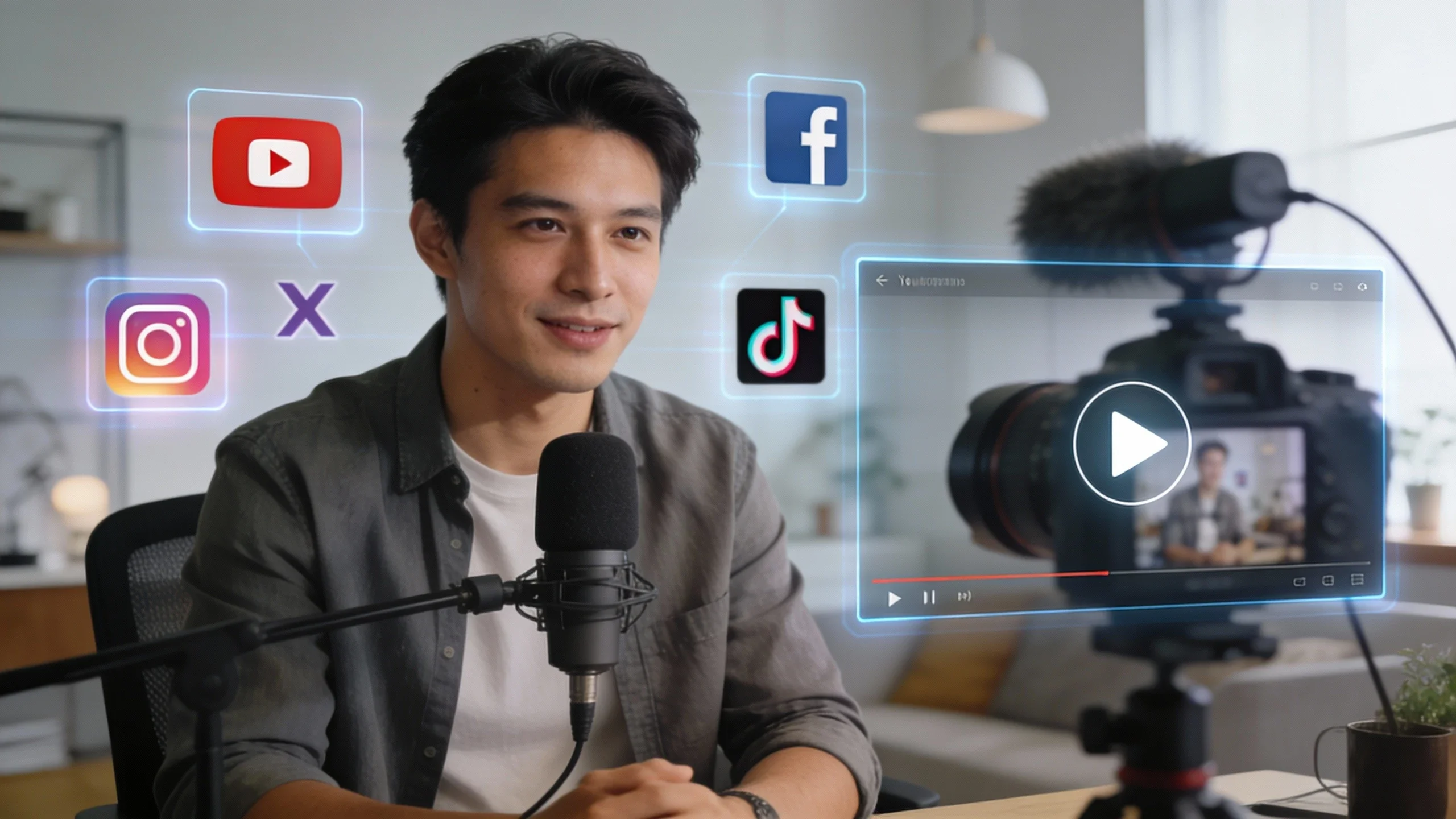 一名男子在錄影，旁邊有五個社群平台圖示